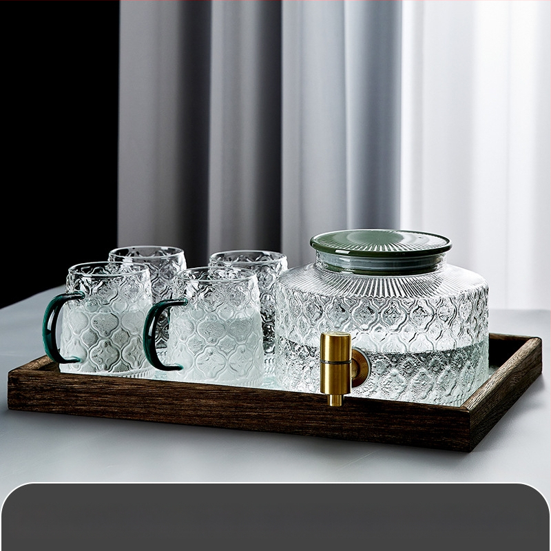 Stiklinis šaldytuvo šalto vandens butelis su čiaupu vasarinių vaisių arbatos kibirėlis, atsparus aukštai temperatūrai, ledinio vandens gėrimų kibirėlis, šalto vandens ekstrakcijos puodas, šalto vandens butelis