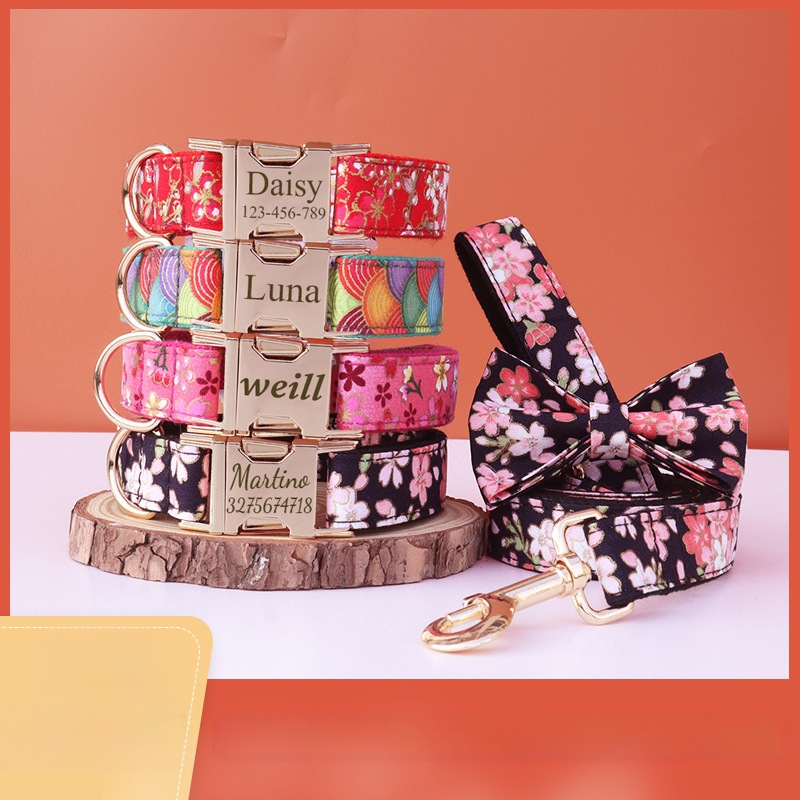 Jaapani stiilis kullatud koerakaelarihm lipsusõlmega, kohandatav graveeritud metallpandlaga lemmikloomaaksessuaar