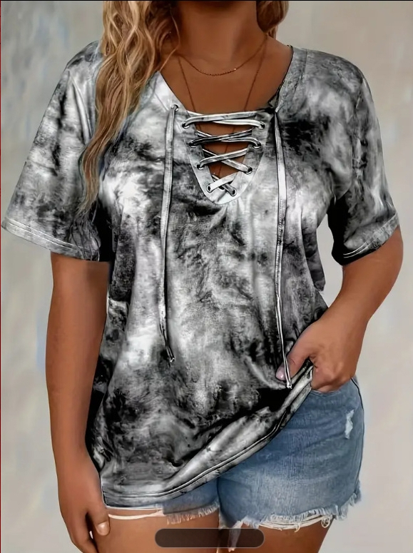 Tricou cu mânecă scurtă, imprimeu tie-dye, pentru femei, mărime plus, cu etichetă Amazon, tricotat din poliester, elegant cu cravată, pentru femei transfrontaliere europene și americane