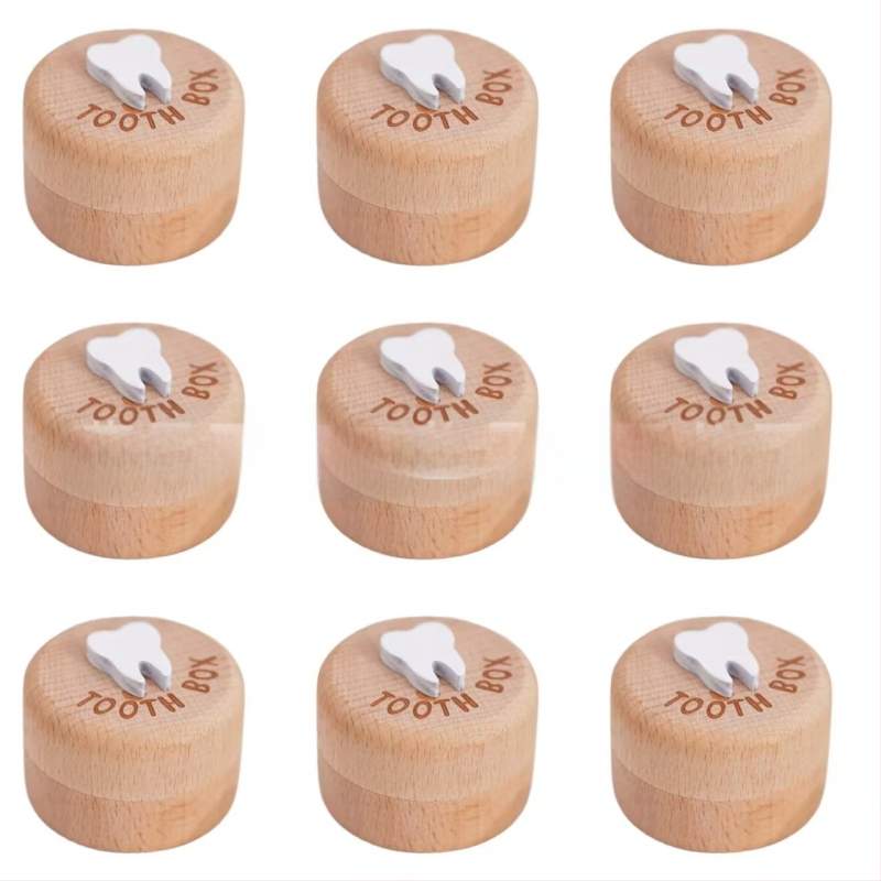 Paprasta medinė kūdikių dantų dėžutė, apvali, universali, vaikiška vaisiaus plaukų medinė dantų dėžutė, virkštelė, buko medienos dantų laikymo dėžutė