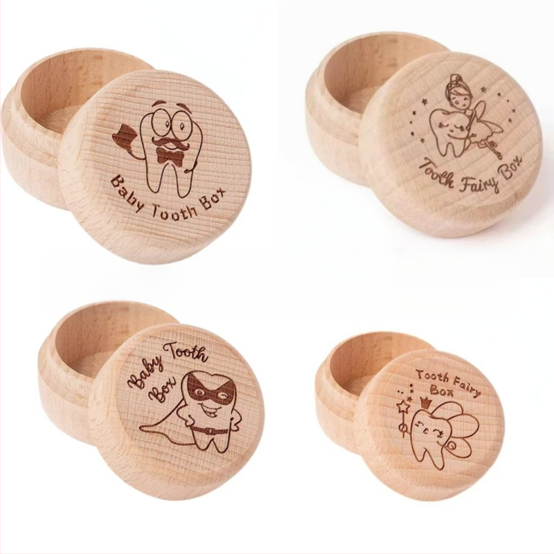 Paprasta medinė kūdikių dantų dėžutė, apvali, universali, vaikiška vaisiaus plaukų medinė dantų dėžutė, virkštelė, buko medienos dantų laikymo dėžutė