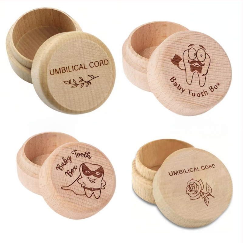 Paprasta medinė kūdikių dantų dėžutė, apvali, universali, vaikiška vaisiaus plaukų medinė dantų dėžutė, virkštelė, buko medienos dantų laikymo dėžutė