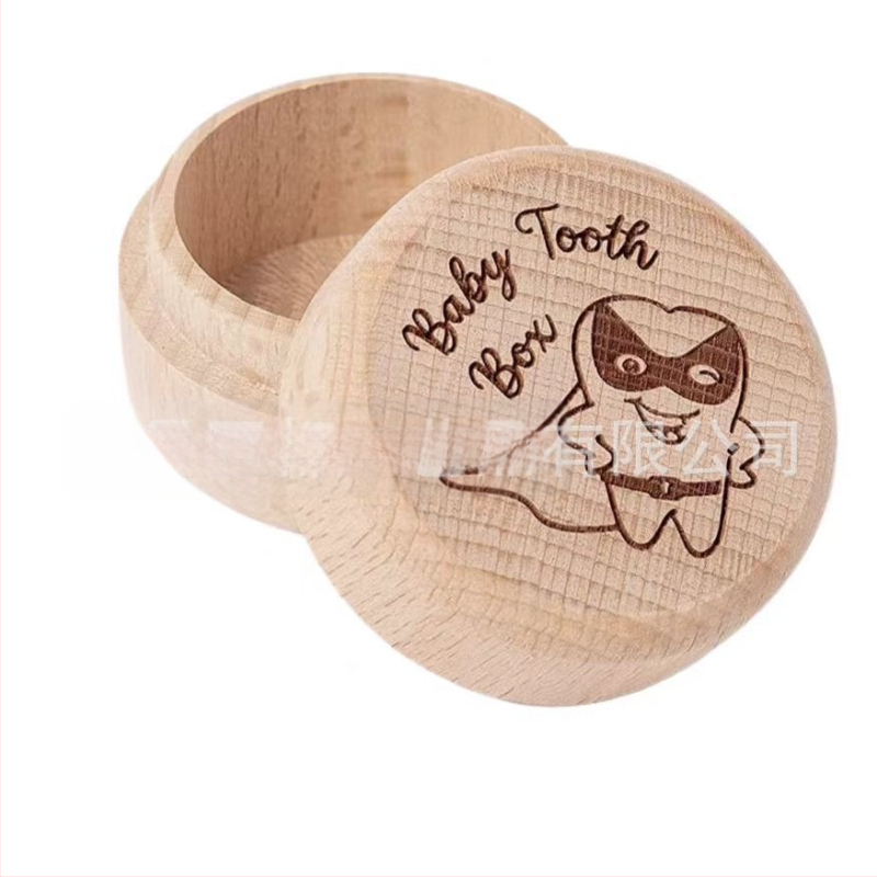 Paprasta medinė kūdikių dantų dėžutė, apvali, universali, vaikiška vaisiaus plaukų medinė dantų dėžutė, virkštelė, buko medienos dantų laikymo dėžutė