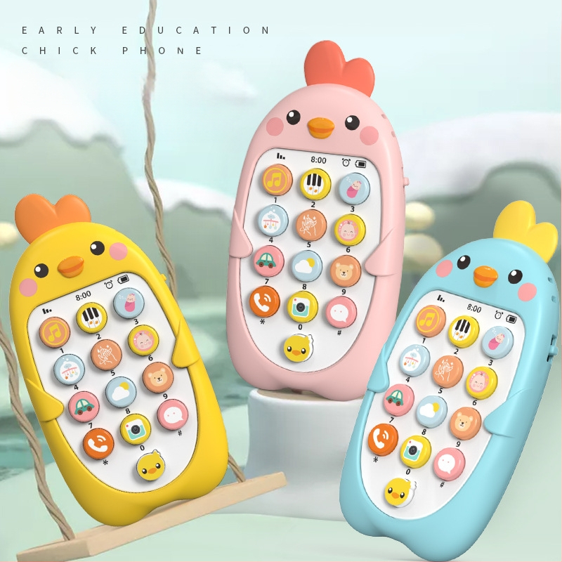 Vaikų muzikos mobilusis telefonas Edukaciniai ankstyvojo ugdymo žaislai Kūdikių įkandimo modeliavimas Viščiuko telefono modelis Kinų ir anglų kalbomis