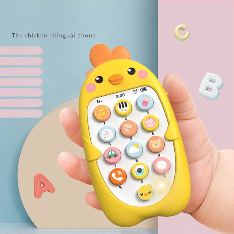 Vaikų muzikos mobilusis telefonas Edukaciniai ankstyvojo ugdymo žaislai Kūdikių įkandimo modeliavimas Viščiuko telefono modelis Kinų ir anglų kalbomis