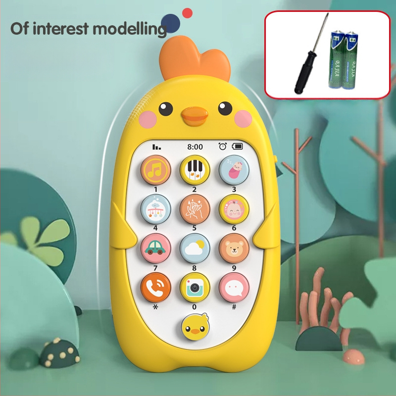 Vaikų muzikos mobilusis telefonas Edukaciniai ankstyvojo ugdymo žaislai Kūdikių įkandimo modeliavimas Viščiuko telefono modelis Kinų ir anglų kalbomis