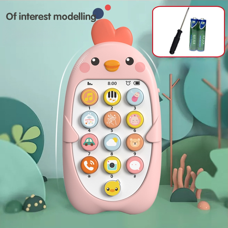 Vaikų muzikos mobilusis telefonas Edukaciniai ankstyvojo ugdymo žaislai Kūdikių įkandimo modeliavimas Viščiuko telefono modelis Kinų ir anglų kalbomis