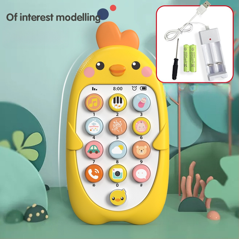 Vaikų muzikos mobilusis telefonas Edukaciniai ankstyvojo ugdymo žaislai Kūdikių įkandimo modeliavimas Viščiuko telefono modelis Kinų ir anglų kalbomis