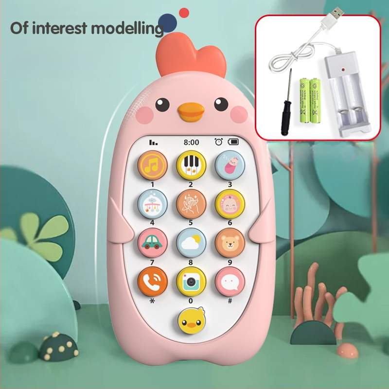 Vaikų muzikos mobilusis telefonas Edukaciniai ankstyvojo ugdymo žaislai Kūdikių įkandimo modeliavimas Viščiuko telefono modelis Kinų ir anglų kalbomis