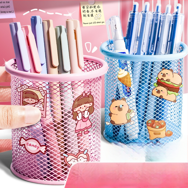 Metāla pildspalvu kasetnes biroja darbvirsmas studentu pildspalvu kasetņu uzglabāšanas kaste ar lielu ietilpību dzelzs tīklu, vienkārša zīmuļu kaste bērniem zēniem