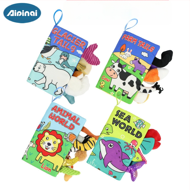 AIPINQI nauja animacinių filmukų gyvūnų uodegos medžiaginė knyga su skambančiu popieriumi, vaikiška žaislinė, atspari ašaroms, kūdikių medžiaginė knyga