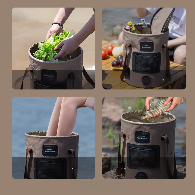 Sulankstomas kibiras, nešiojamas kibiras su vožtuvu, didelės talpos kempingo kibiras, apvalus rankinis kibiras su dangčiu, žvejybos kibiras