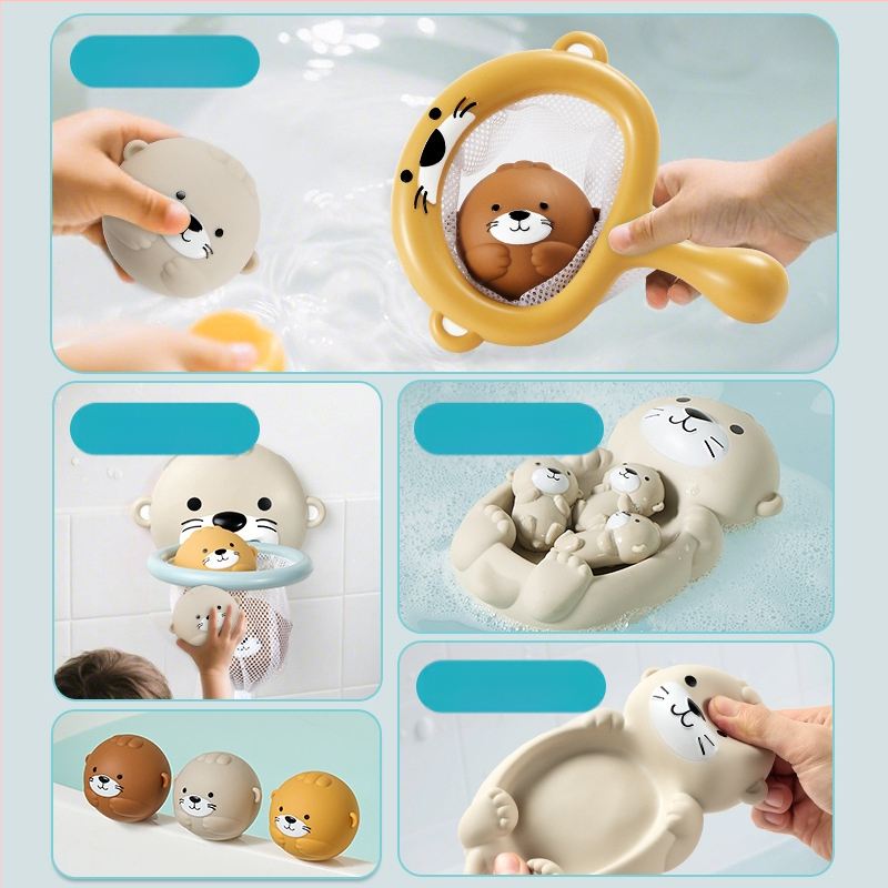 Pārrobežu vannas istabas ūdens rotaļu rotaļlieta Dzīvnieku ūdru tīkls Makšķerēšana Šaušana Aizzīmogota peldoša bumba Bērnu vannas vannas rotaļlieta