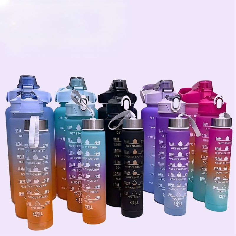 Set od tri čaša, plastična čaša za vodu s gradijentnim bojama, sportska boca za vodu, poklopac koji se otvara, šalica u duginim bojama, prijenosna, nepropusna