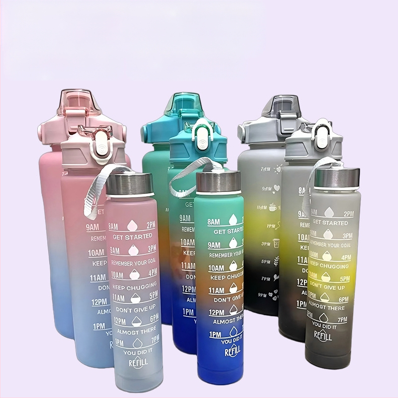 Set od tri čaša, plastična čaša za vodu s gradijentnim bojama, sportska boca za vodu, poklopac koji se otvara, šalica u duginim bojama, prijenosna, nepropusna