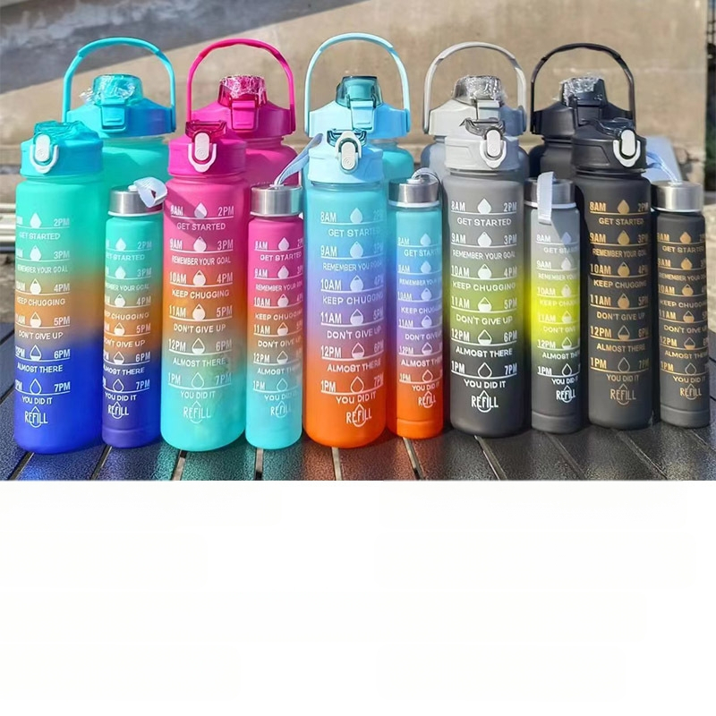 Set od tri čaša, plastična čaša za vodu s gradijentnim bojama, sportska boca za vodu, poklopac koji se otvara, šalica u duginim bojama, prijenosna, nepropusna