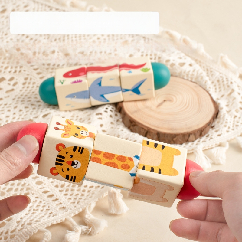 Gyermek fa állatos forgó kirakós háromdimenziós építőelemek óvoda baba kéz-szem koordinációt fejlesztő oktatójátékok