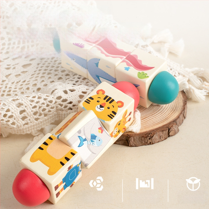 Gyermek fa állatos forgó kirakós háromdimenziós építőelemek óvoda baba kéz-szem koordinációt fejlesztő oktatójátékok