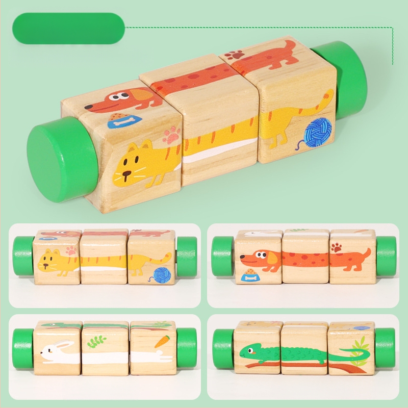Gyermek fa állatos forgó kirakós háromdimenziós építőelemek óvoda baba kéz-szem koordinációt fejlesztő oktatójátékok