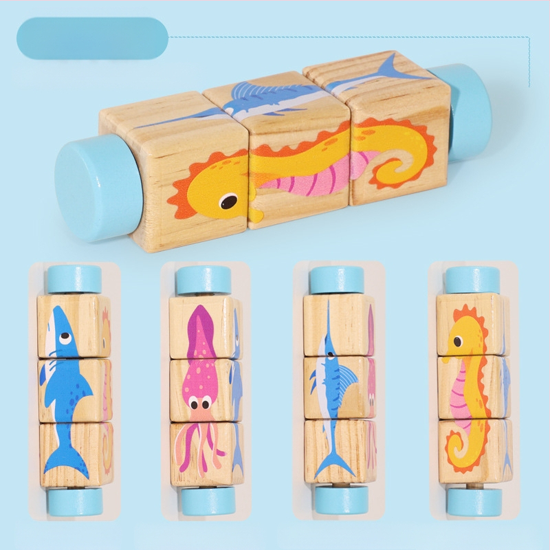 Gyermek fa állatos forgó kirakós háromdimenziós építőelemek óvoda baba kéz-szem koordinációt fejlesztő oktatójátékok