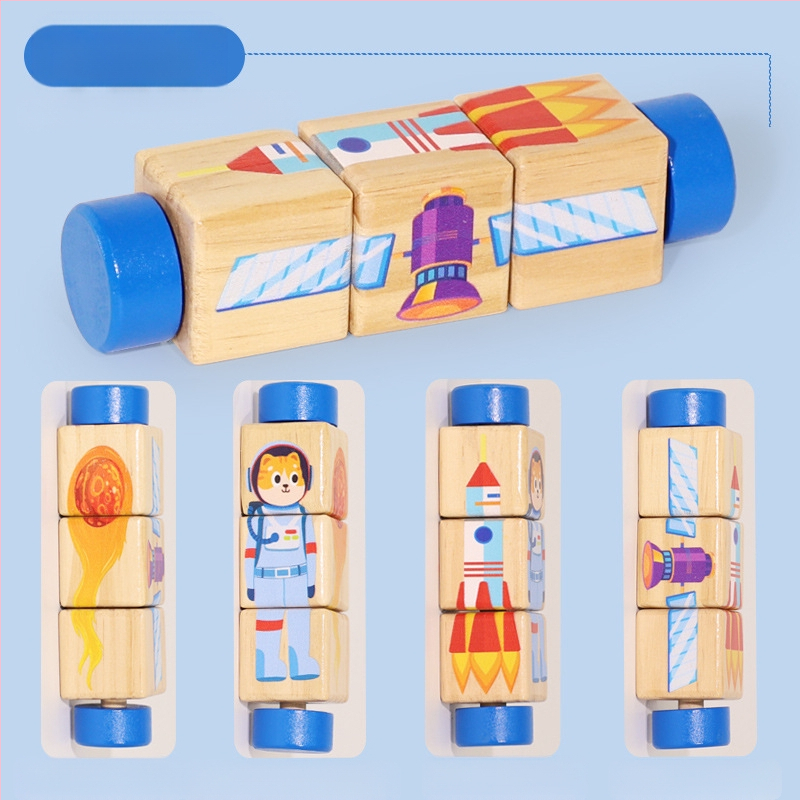 Gyermek fa állatos forgó kirakós háromdimenziós építőelemek óvoda baba kéz-szem koordinációt fejlesztő oktatójátékok