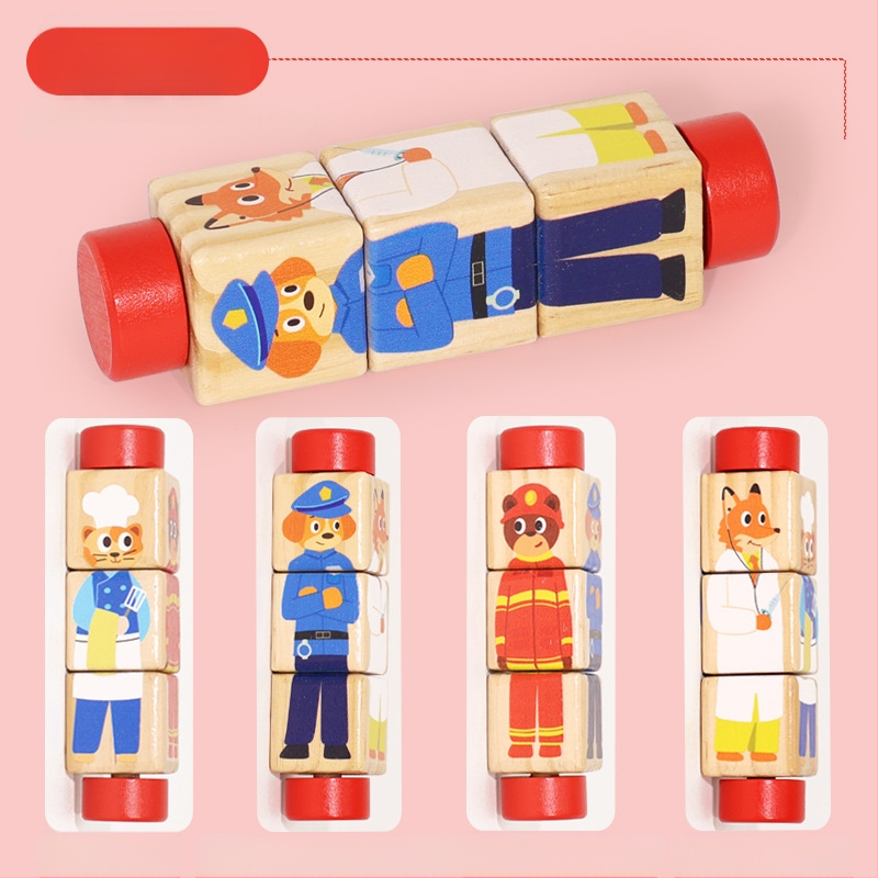 Gyermek fa állatos forgó kirakós háromdimenziós építőelemek óvoda baba kéz-szem koordinációt fejlesztő oktatójátékok