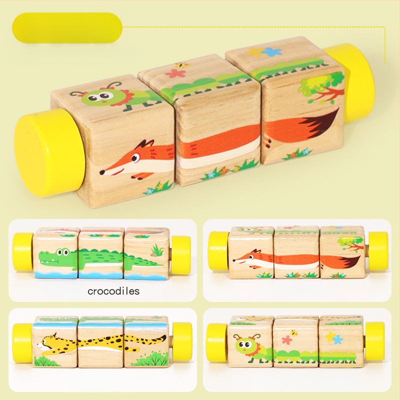 Gyermek fa állatos forgó kirakós háromdimenziós építőelemek óvoda baba kéz-szem koordinációt fejlesztő oktatójátékok