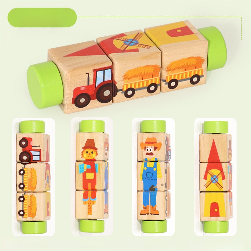 Gyermek fa állatos forgó kirakós háromdimenziós építőelemek óvoda baba kéz-szem koordinációt fejlesztő oktatójátékok