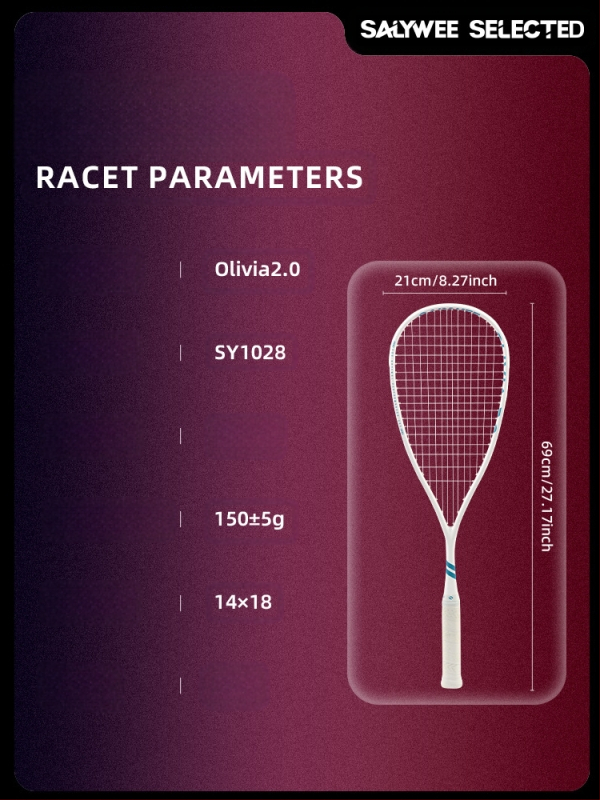 „Salywee“ patobulinta visiškai anglies pluošto profesionali skvošo raketė „Olivia 2.0“ integruota itin lengva 155 ± 5 g