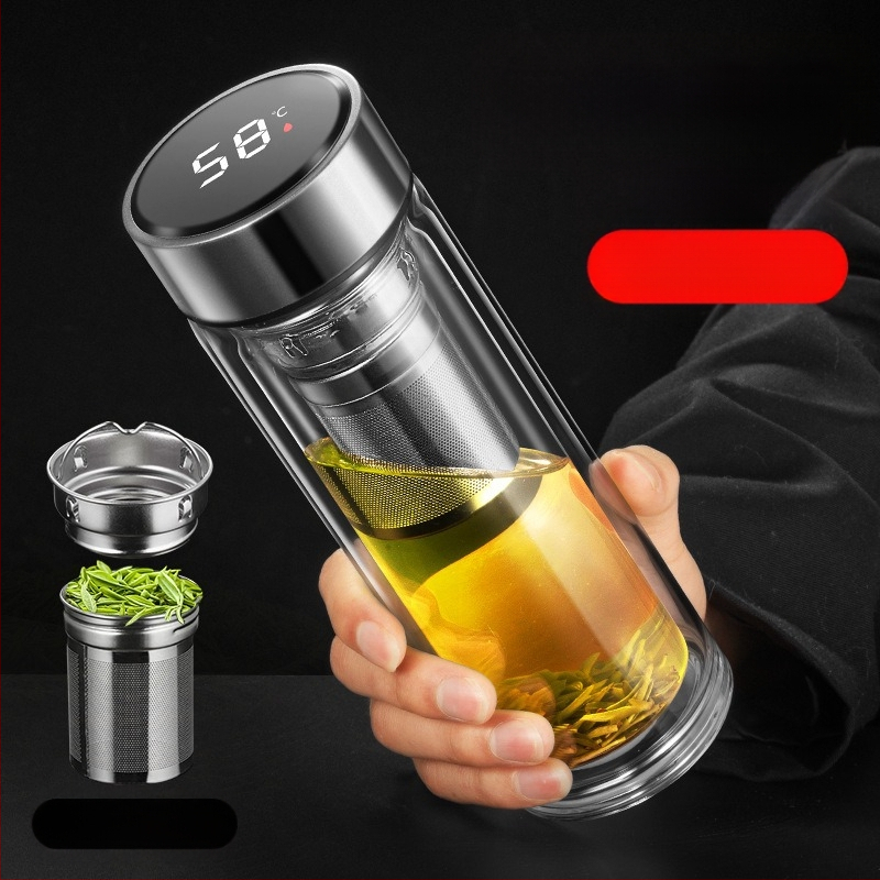 Išmanusis vandens puodelis Dvisluoksnis stiklinis puodelis mirkymui arbatos puodelis vyrams Permatomas su šiltu ekranu Arbatos vandens atskyrimas Izoliacinis vandens puodelis