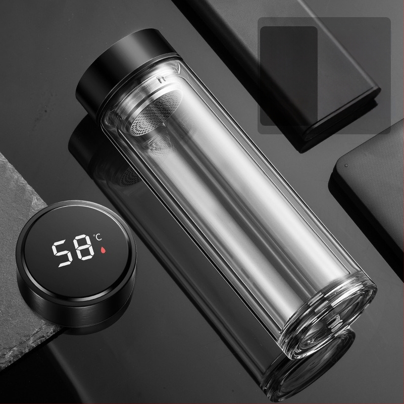 Išmanusis vandens puodelis Dvisluoksnis stiklinis puodelis mirkymui arbatos puodelis vyrams Permatomas su šiltu ekranu Arbatos vandens atskyrimas Izoliacinis vandens puodelis