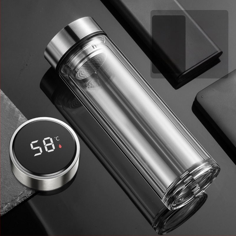 Išmanusis vandens puodelis Dvisluoksnis stiklinis puodelis mirkymui arbatos puodelis vyrams Permatomas su šiltu ekranu Arbatos vandens atskyrimas Izoliacinis vandens puodelis