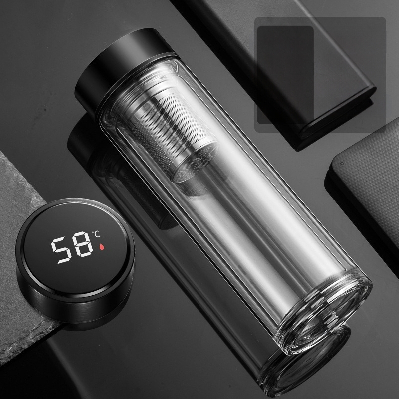 Išmanusis vandens puodelis Dvisluoksnis stiklinis puodelis mirkymui arbatos puodelis vyrams Permatomas su šiltu ekranu Arbatos vandens atskyrimas Izoliacinis vandens puodelis