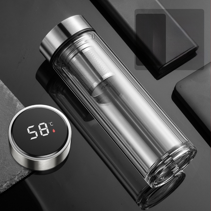 Išmanusis vandens puodelis Dvisluoksnis stiklinis puodelis mirkymui arbatos puodelis vyrams Permatomas su šiltu ekranu Arbatos vandens atskyrimas Izoliacinis vandens puodelis