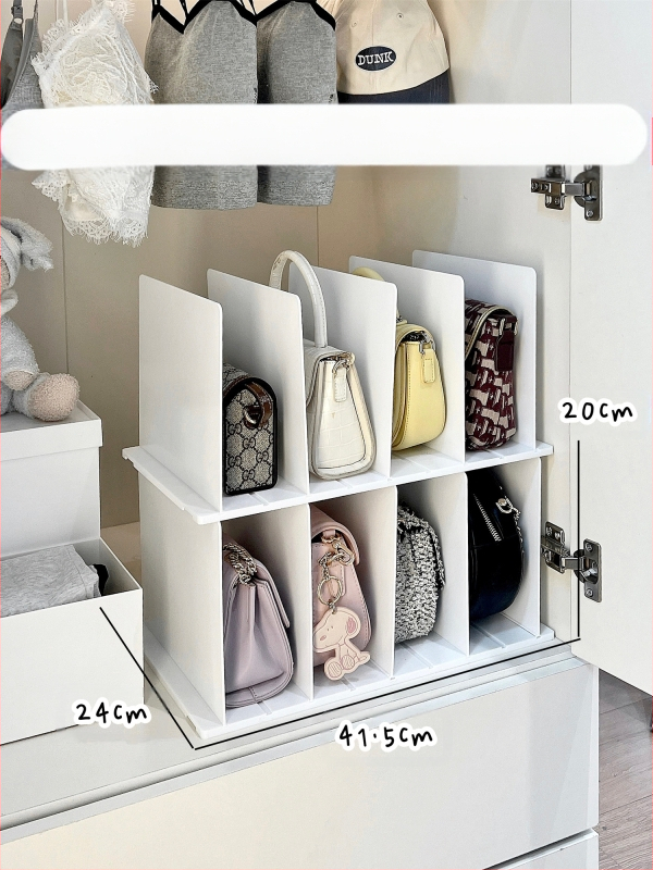 Krepšių laikymo spintos pertvaros plokštės laikymo lentynėlė krepšiams, sluoksniuotos krepšių lentynos, organizavimo demonstracinė lentyna