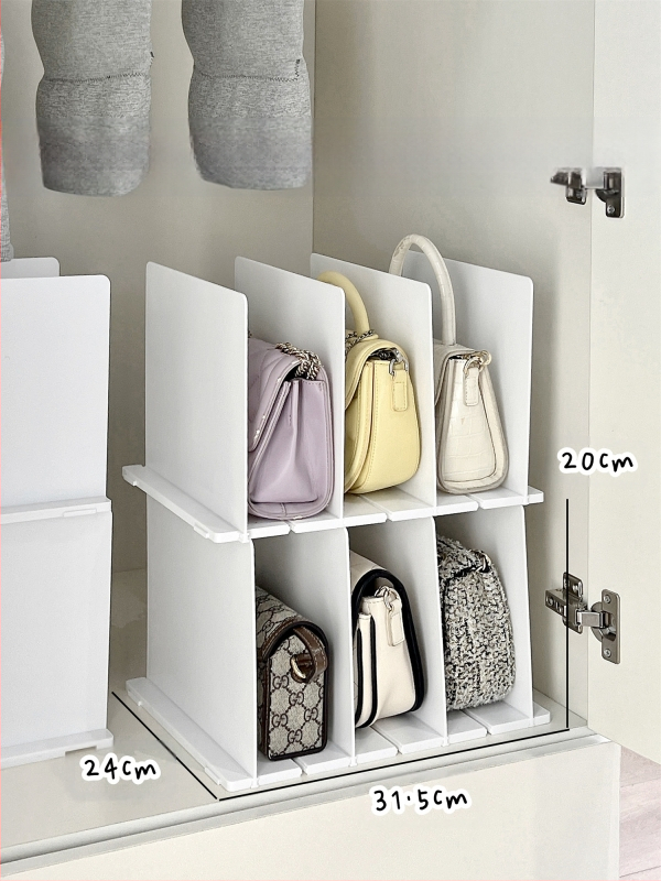 Krepšių laikymo spintos pertvaros plokštės laikymo lentynėlė krepšiams, sluoksniuotos krepšių lentynos, organizavimo demonstracinė lentyna