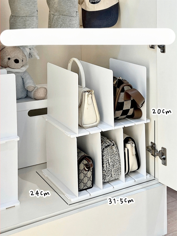 Krepšių laikymo spintos pertvaros plokštės laikymo lentynėlė krepšiams, sluoksniuotos krepšių lentynos, organizavimo demonstracinė lentyna