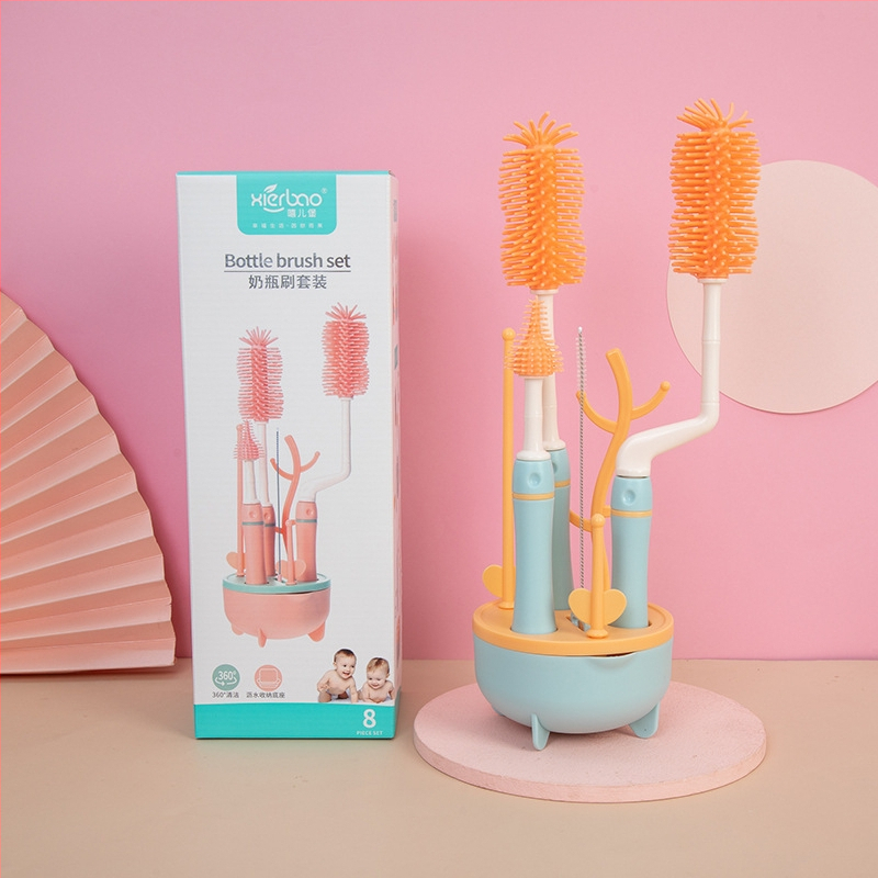 Užsienio prekybos eksporto silikoninis butelių šepetėlis ilgomis rankenomis, valymo šepetėlių derinys, 360 laipsnių besisukantis valymo butelių šepetėlių kostiumas