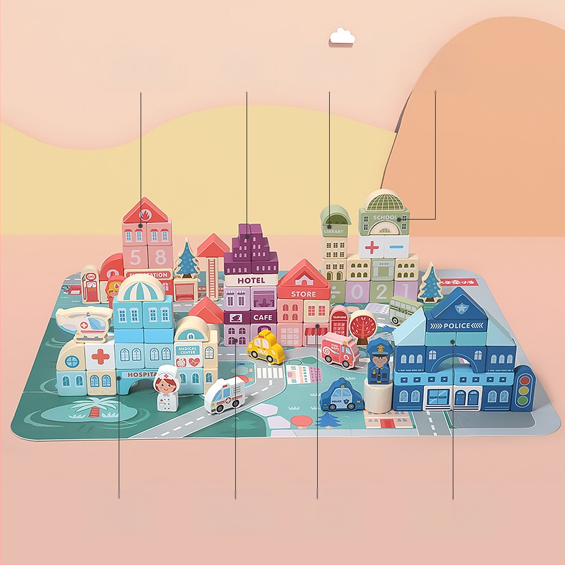 cpc laste puidust ehitusklotsid linnatänavamaastik värvikas tegelane loom auto suurte osakeste ehitusklotsid tünnikujulised mänguasjad