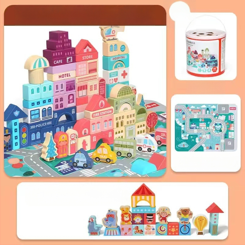 cpc laste puidust ehitusklotsid linnatänavamaastik värvikas tegelane loom auto suurte osakeste ehitusklotsid tünnikujulised mänguasjad