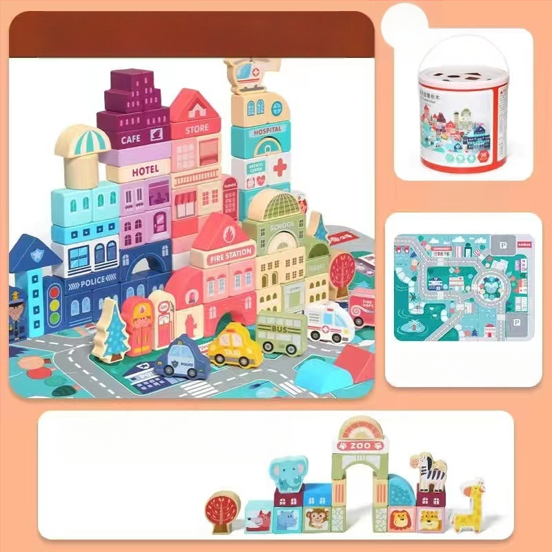 cpc laste puidust ehitusklotsid linnatänavamaastik värvikas tegelane loom auto suurte osakeste ehitusklotsid tünnikujulised mänguasjad