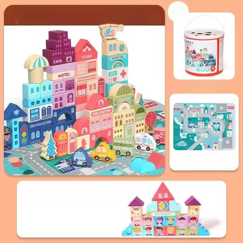 cpc laste puidust ehitusklotsid linnatänavamaastik värvikas tegelane loom auto suurte osakeste ehitusklotsid tünnikujulised mänguasjad