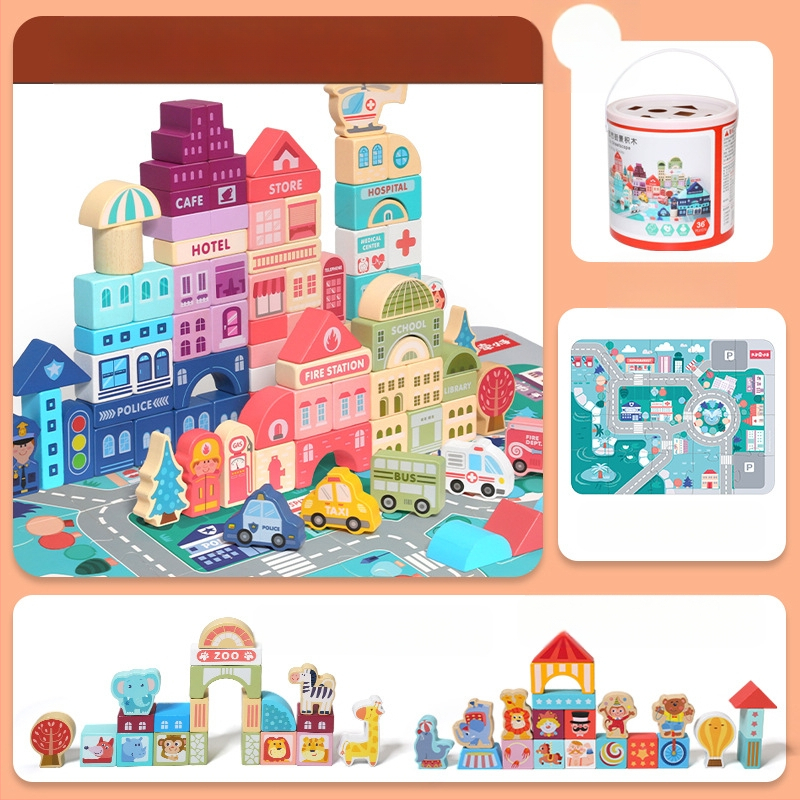 cpc laste puidust ehitusklotsid linnatänavamaastik värvikas tegelane loom auto suurte osakeste ehitusklotsid tünnikujulised mänguasjad