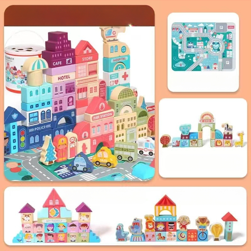 cpc laste puidust ehitusklotsid linnatänavamaastik värvikas tegelane loom auto suurte osakeste ehitusklotsid tünnikujulised mänguasjad