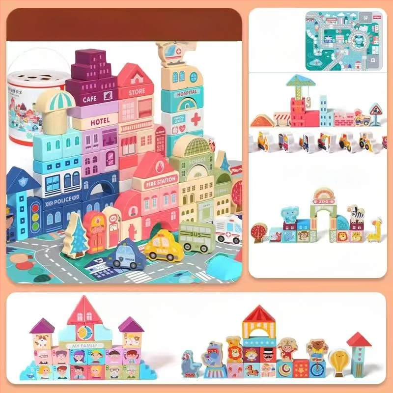 cpc laste puidust ehitusklotsid linnatänavamaastik värvikas tegelane loom auto suurte osakeste ehitusklotsid tünnikujulised mänguasjad