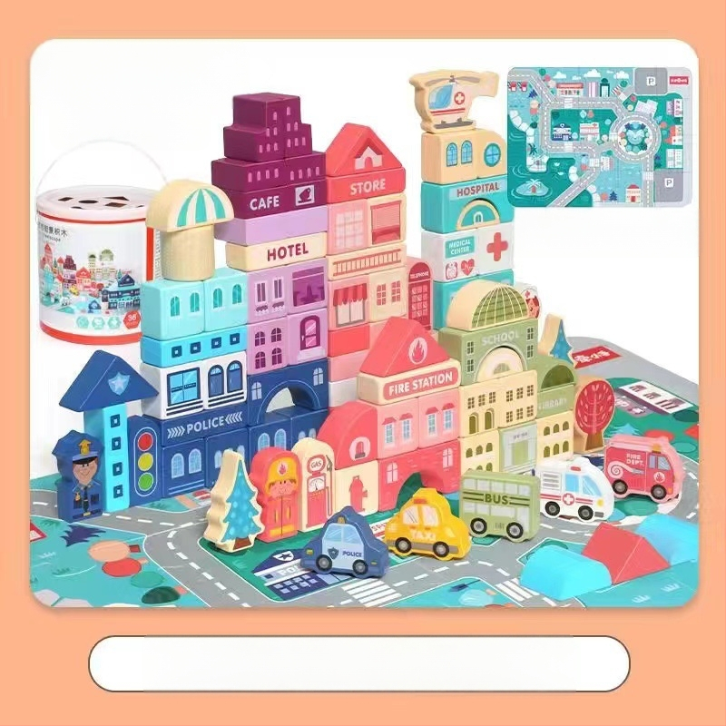 cpc laste puidust ehitusklotsid linnatänavamaastik värvikas tegelane loom auto suurte osakeste ehitusklotsid tünnikujulised mänguasjad