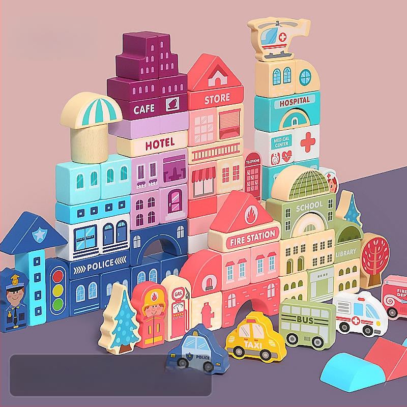 cpc laste puidust ehitusklotsid linnatänavamaastik värvikas tegelane loom auto suurte osakeste ehitusklotsid tünnikujulised mänguasjad