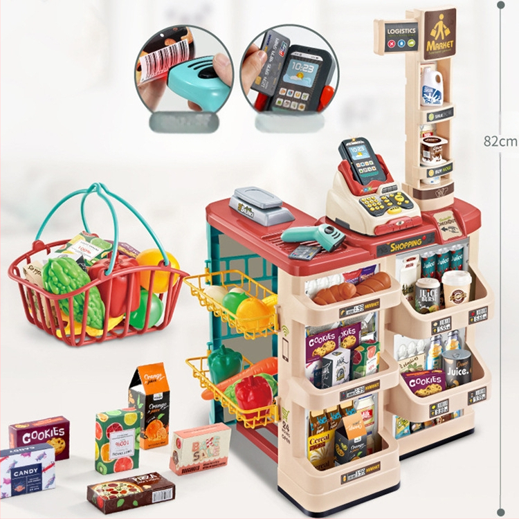 Piiriülene laste simulatsiooniga supermarketi jäätise ostukorvi komplekt krediitkaardiskanneriga pere kassapidaja supermarketi mänguasjad