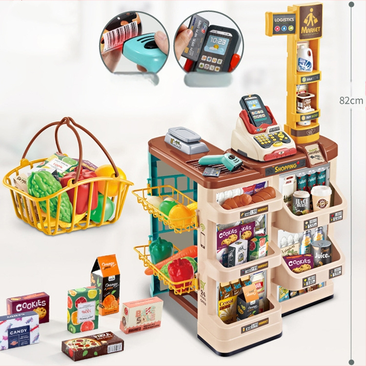 Piiriülene laste simulatsiooniga supermarketi jäätise ostukorvi komplekt krediitkaardiskanneriga pere kassapidaja supermarketi mänguasjad