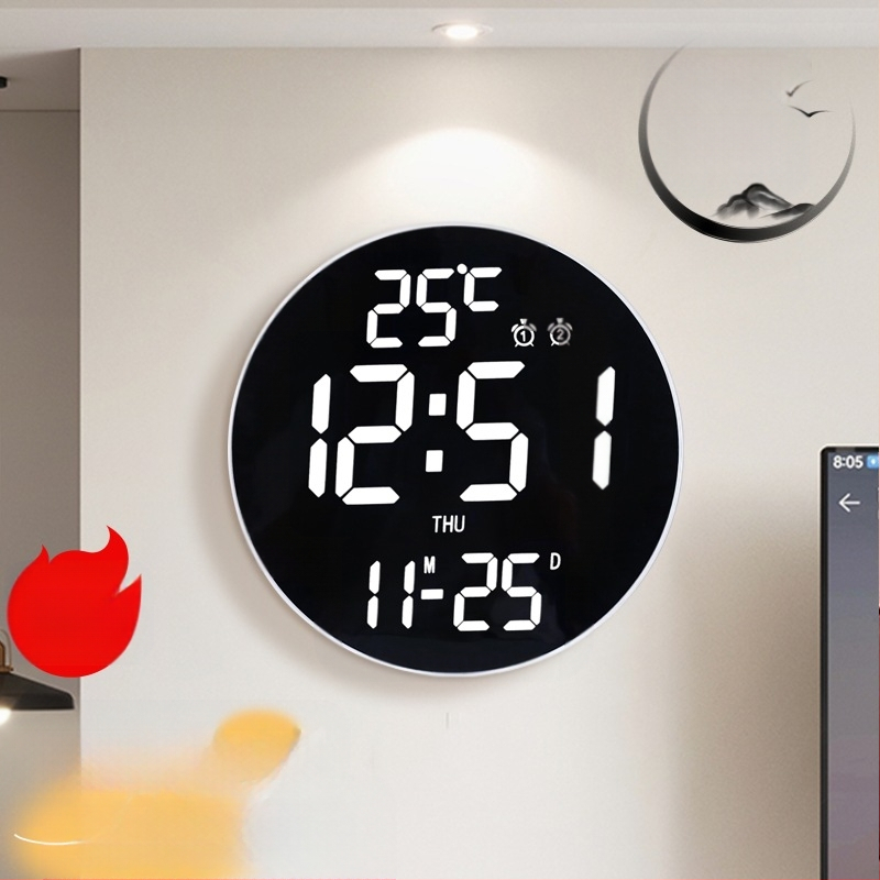 Ηλεκτρονικό ρολόι τοίχου 12 ιντσών με ψηφιακό ημερολόγιο, ξυπνητήρι αναβολής καθιστικού, αντίστροφη μέτρηση για φοιτητές, δημιουργικό στρογγυλό ρολόι
